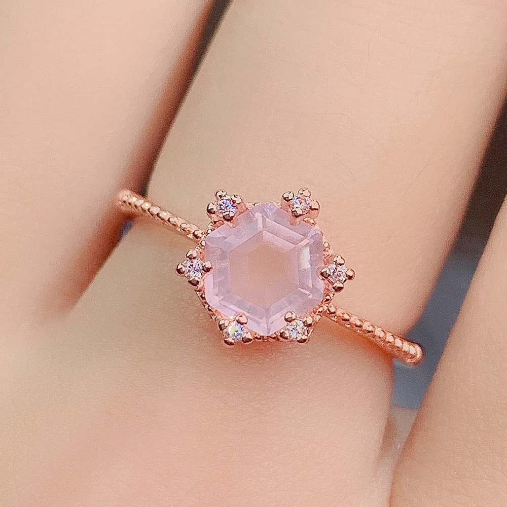 High Quality Hot Selling Hexagon Cut Natural Rose Quartz Ring 925 Sterling Silver Resizable Engagement Wedding Rings For Gift
