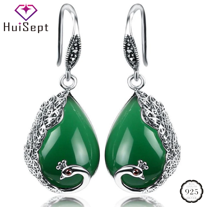 HuiSept Fashion Silver 925 Women Drop Earrings Emerald Gemstones Peacock Shaped Jewelry Ornaments Earrings for Wedding Wholesale