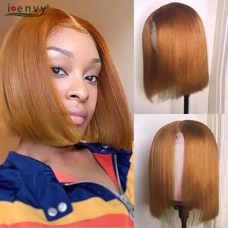 VideoShort-Perruque Bob Lace Front Péruvienne Naturelle, Cheveux Lisses, Blond, Orange, Bordeaux, Rouge, 13x1, Partie Transparente