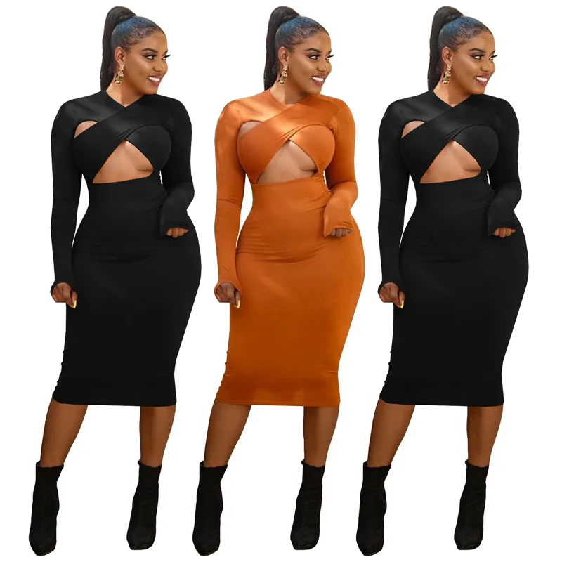 Sexy Midi Verjaardag Jurk Voor Vrouwen Party Night Club Wear Knipsel Lange Mouwen Bandage Bodycon Dress Vestidos Elegantes Para Mujer