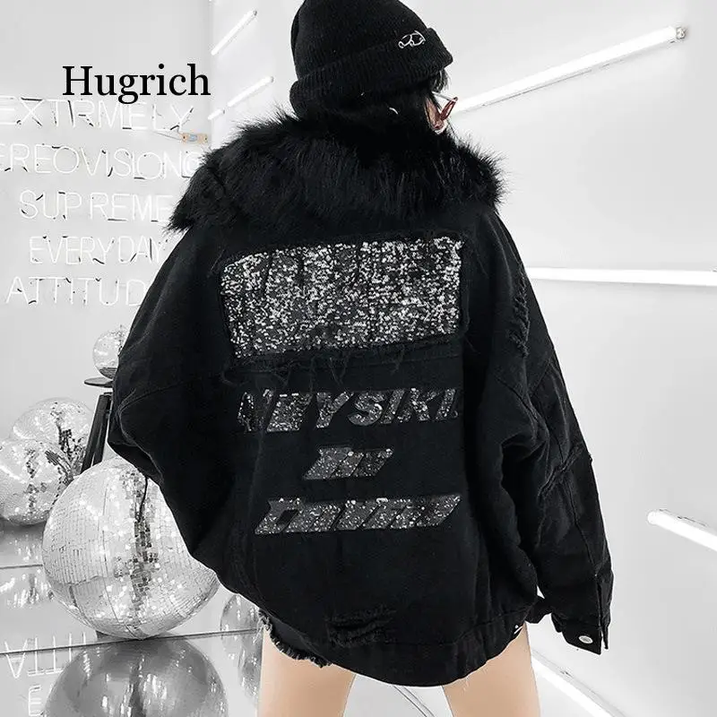 Thick Coat Winter Loose Hole Sequined Denim with Plush and High Quality Fur Black Collar