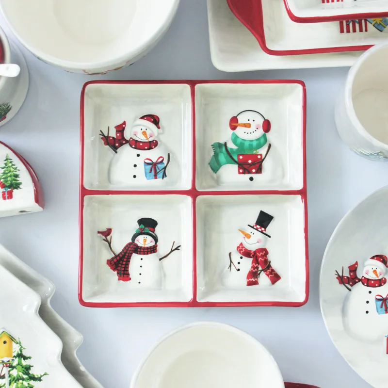 Nordic Village Christmas Snowman Bowl and Plate Tableware Set Embossed Rice Salad Bowl Western Style Ceramic Flat Ceramics Cup