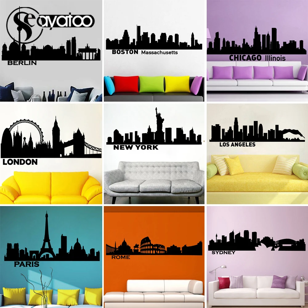 

Large City Silhouette Skyline Vinyl Wall Sticker Decal Office Bedroom Living Room Decoration Cityscape Landscape Home Decor