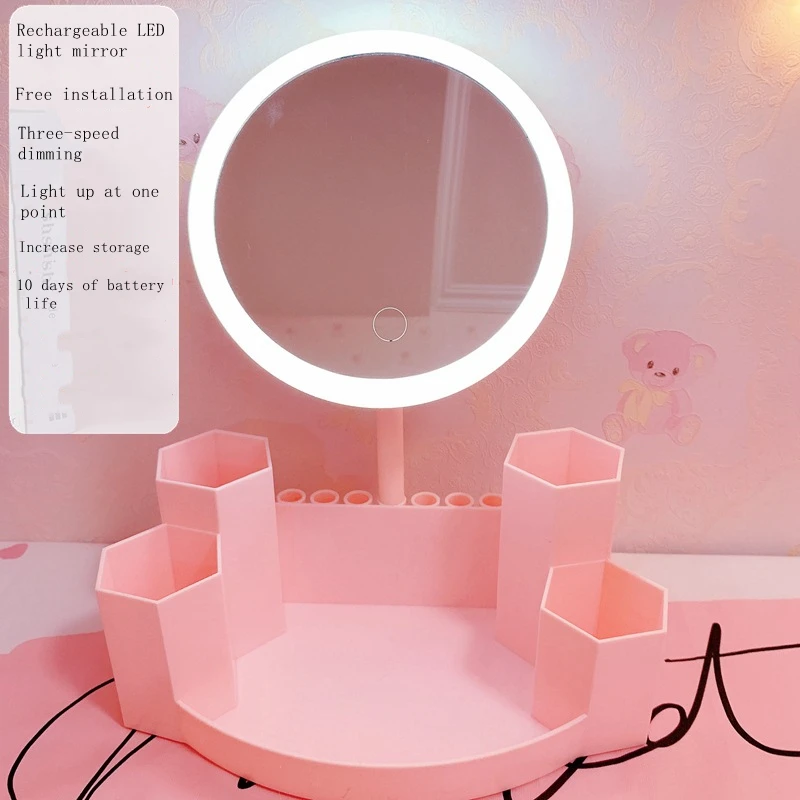 

LED makeup mirror with light, ladies makeup light with storage, desktop rotating mirror, round makeup mirror, LED touch luminous