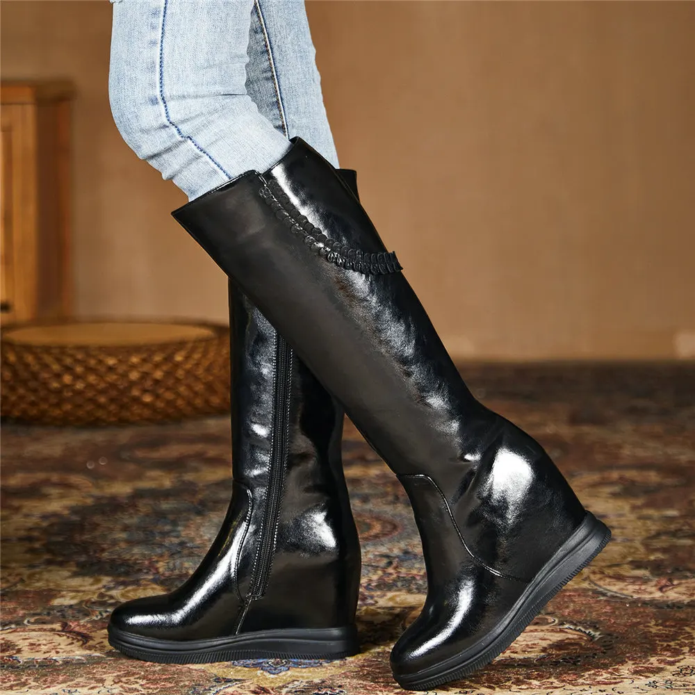 

2025 Winter Pumps Women Genuine Leather Wedges High Heel Thigh High Snow Boots Female Round Toe Fashion Sneakers Casual Shoes