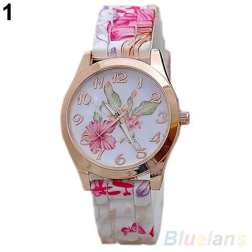 Vintage Women Watch Flower Print Silicon Band Clock Numerals Alloy Dial Quartz Wrist Watch Reloj Mujer Ladies Watch Gift