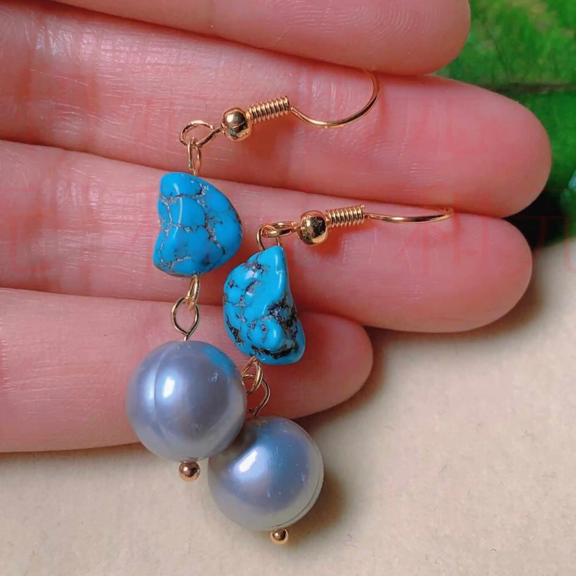 

Natural white freshwater baroque pearl blue Turquoise gold earrings Ear stud Jewelry Beautiful