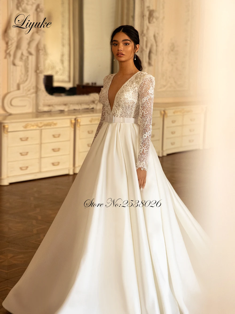 Liyuke Custom Made Luxury A Line Wedding Dress White Color Stain Skirt With Sexy V Neckline Full Sleeve Bridal Dress Backless
