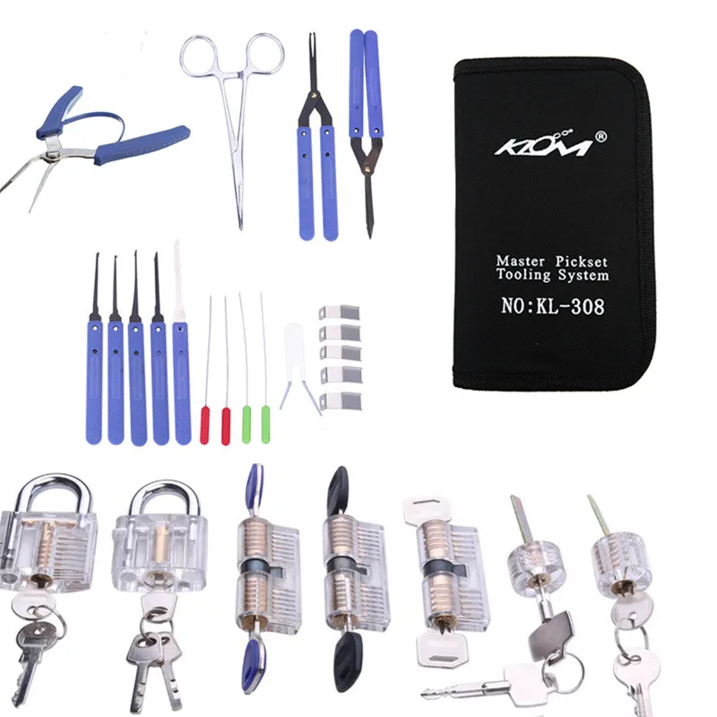 Klom Locksmith Tool Lockpick Set Broken Key Extractor Remove Tool with 7pcs Transparent Practice Locks