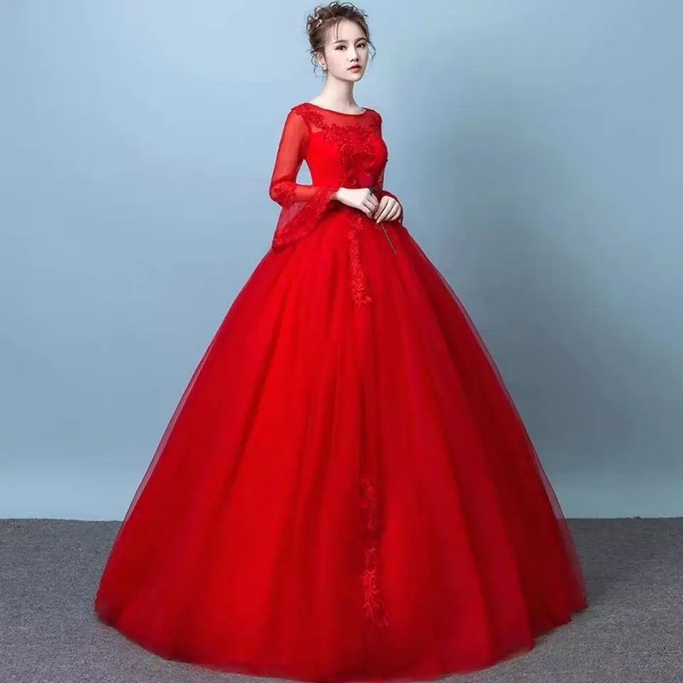 N11136-vestidos de novia largos de encaje para mujer, vestido de fiesta largo hasta el suelo, con manga acampanada, dulce recuerdo, color rojo, vestidos de FIESTA DE PROMOCIÓN para muchachas