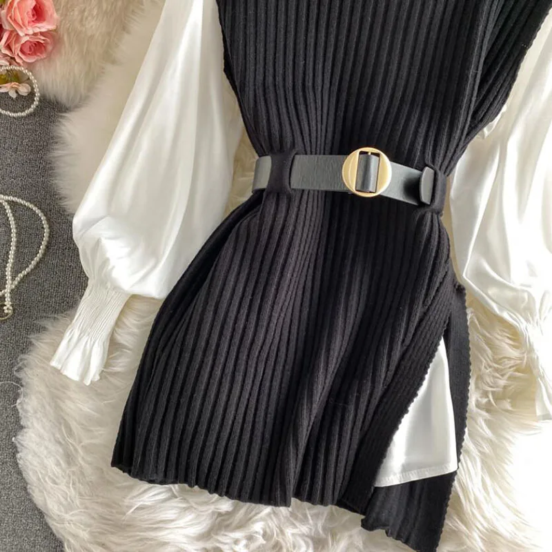 2021 Korean Spring Autumn Women Knitted Pullovers Vest + White Blouse Casual Belt Suit Two Piece Set Conjuntos Mujer