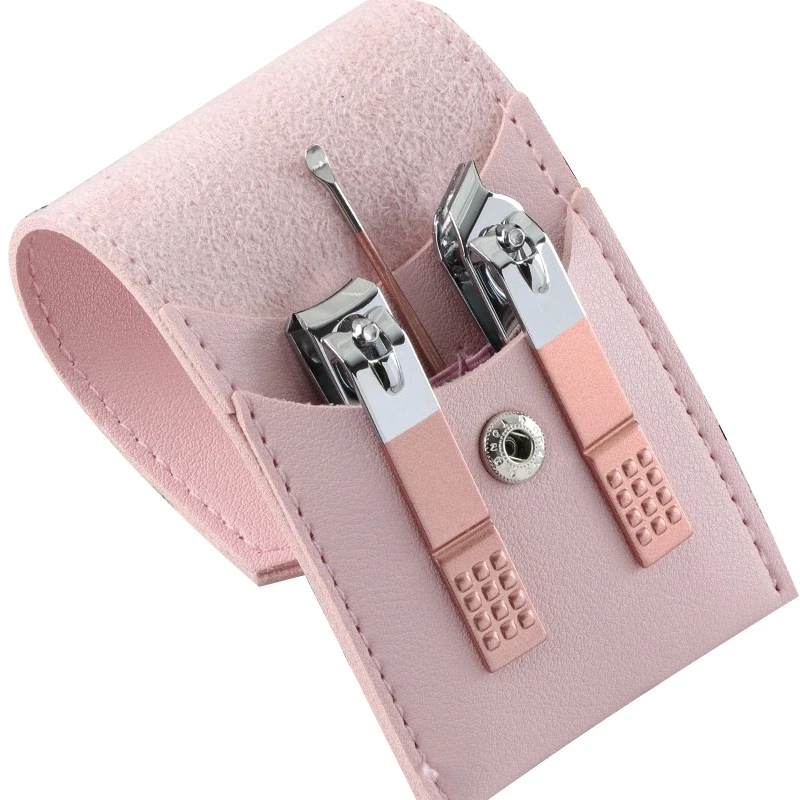 Custom Pink 3pcs Professional Manicure Pedicure Set Kit For Nail Care and Makeup With Portable Leather Bag