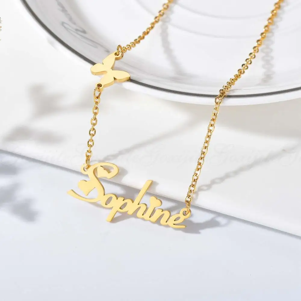 Goxijite Fashion Custom Stainless Steel Name Necklace With Butterfly For Women Personalized Letter Gold Color Necklace Gift