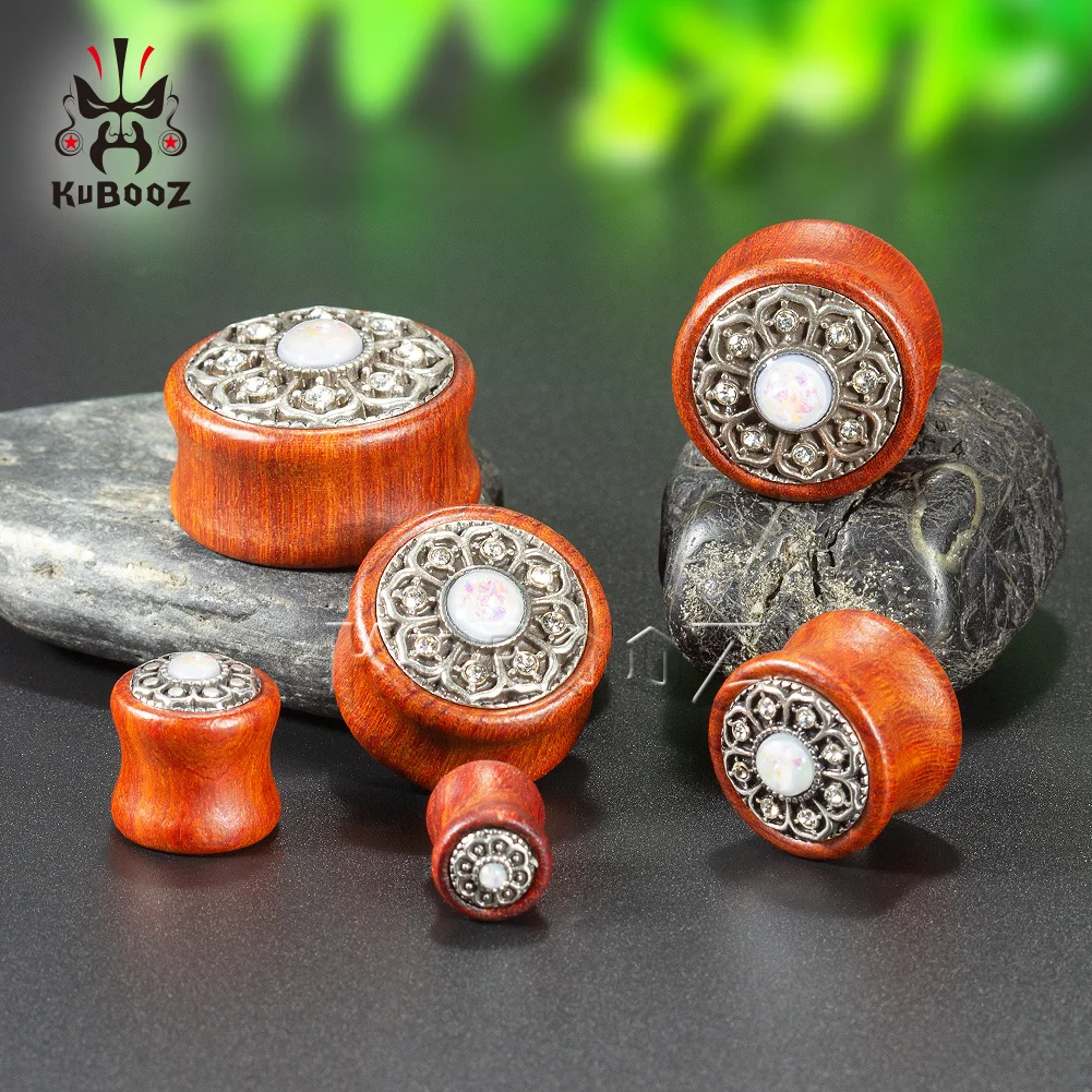 KUBOOZ Wood Ear Piercing Studs Plug Tunnel Opal Metal Gauges Stretcher Body Jewelry Expander Earring Fashion Gift Women Men 2PCS