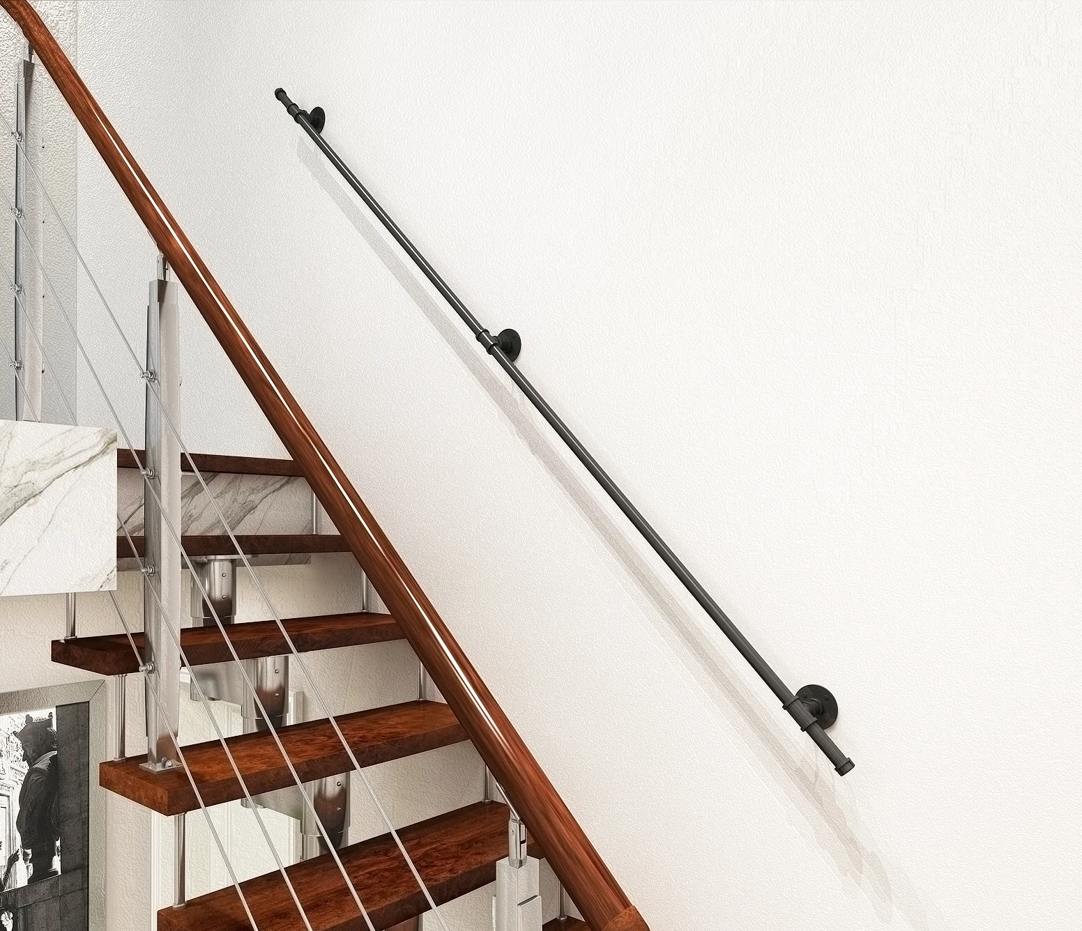 

Rustic Black Staircase Handrail Wall Mount Industrial Pipe Hand Railing for Stairs