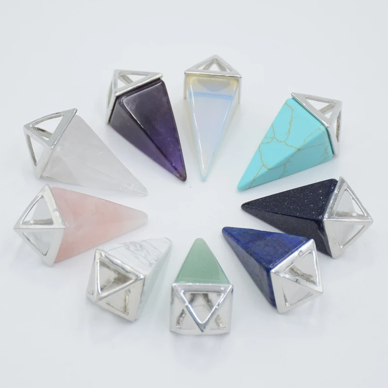 Natural Stone White Crystal Pendulum Pendant Pink Quartzs Lapis Aventurine Chakra Reiki Pyramid Chain Necklace Amulet Jewelry