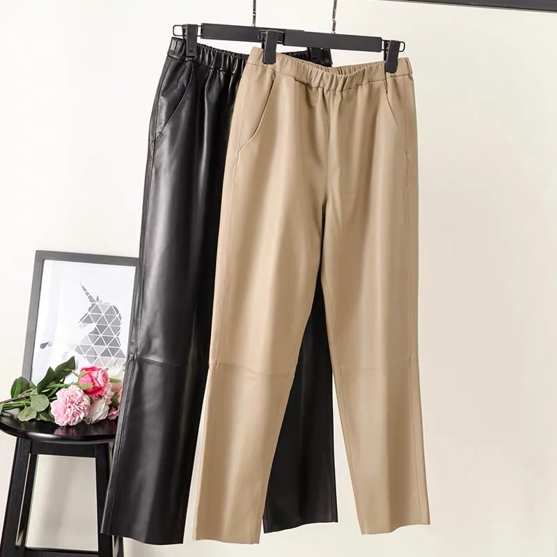 Women Pants Real Leather Pants Women Leather Tousers High Waist Harem Pants 2024 New Elastic Waist Streetwear Pants