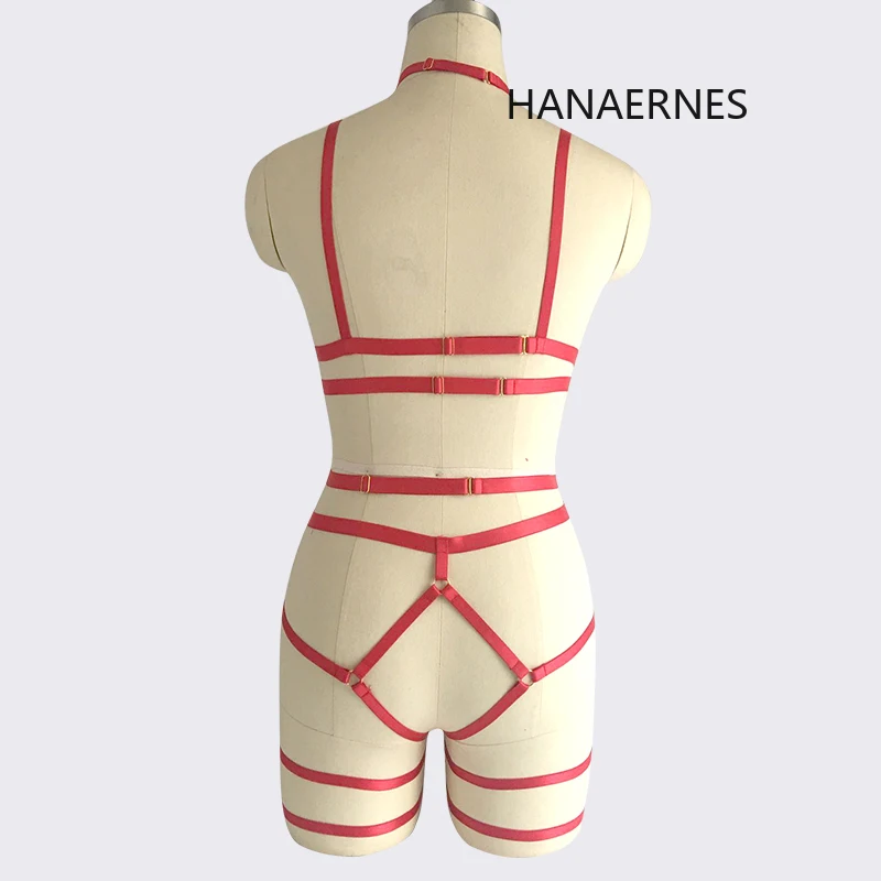 HANAERNESสีแดงCupless Cage Braletteปรับด้านล่างกางเกงCrop Topชุดชั้นในBondageชุดFetish Wearเต้นรำBodysuit