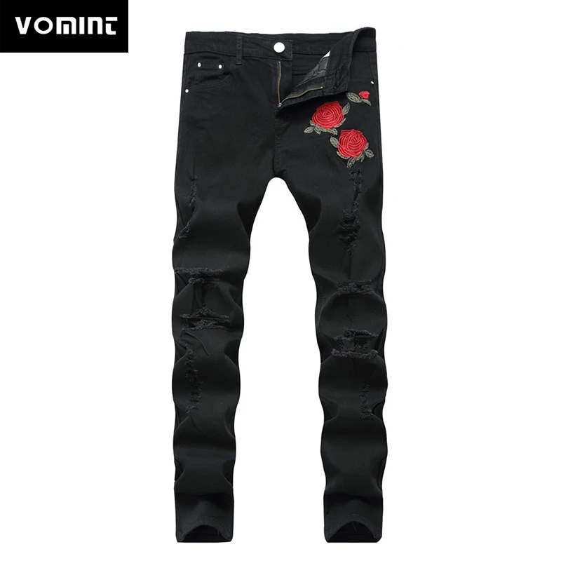 New Black Ripped Jeans with Embroidery Men with Flowers Rose Embroidered Men\'s Denim Jeans Stretch Skinny Jeans Pants