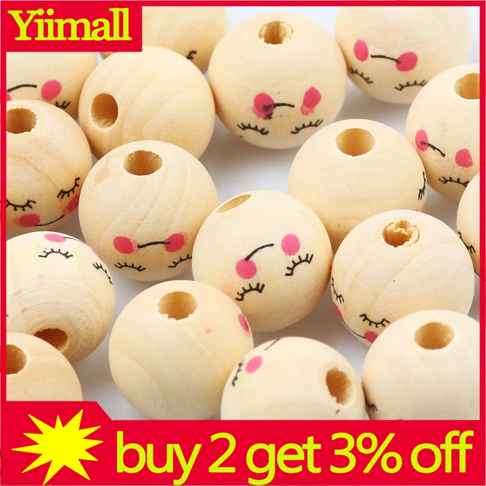 10-20Pcs 16/18mm Cute Girl Natural Wooden Beads Round Spacer Loose Beads For Jewelry Making Handmade Diy Necklace Bracelet