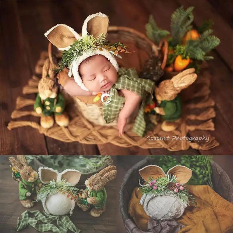 

Coconut Newborn Photography Props Mori Straw Matching Small Rabbit Green Forest Theme Hat Multi-color Full-moon Baby Big Ear Hat