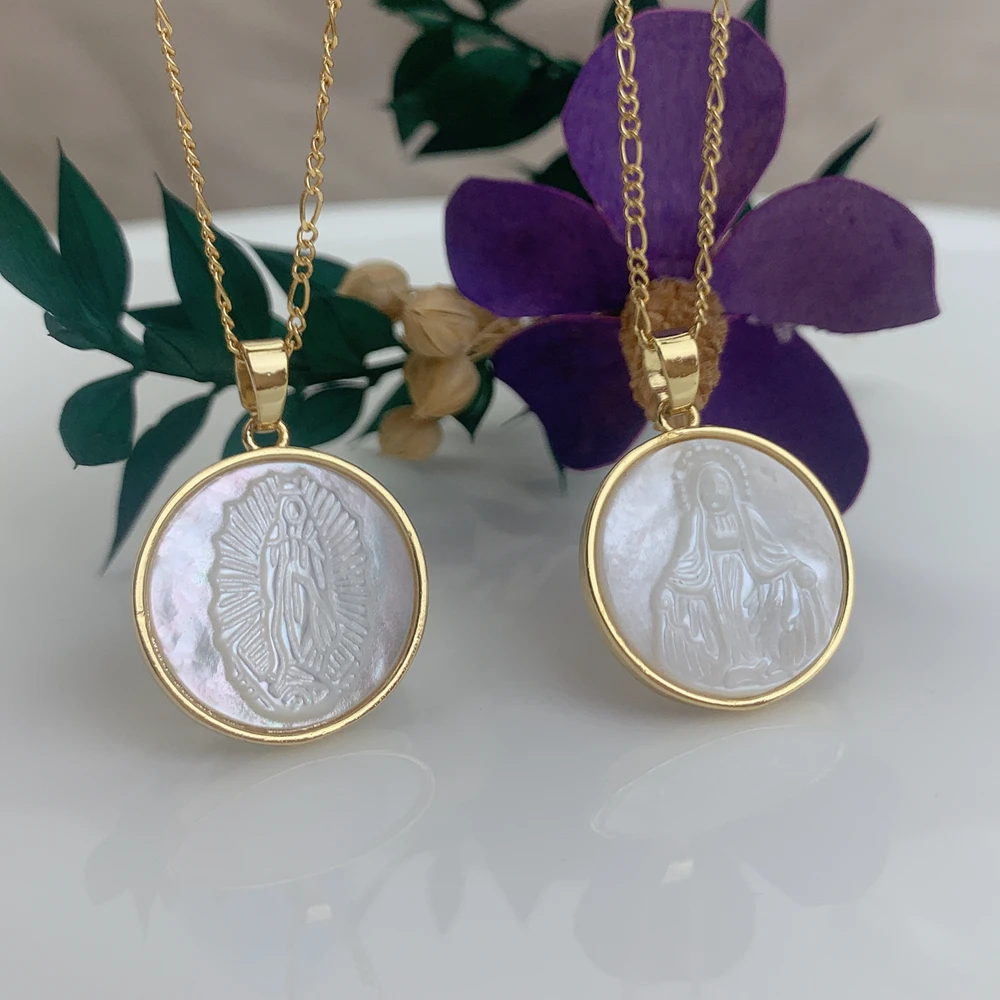 Sacred Holy Bible Cross Saint Benedict Virgin Mary Guadalupe Choker Necklace For Women MOP Pearl Shell Religious Pendant Jewelry