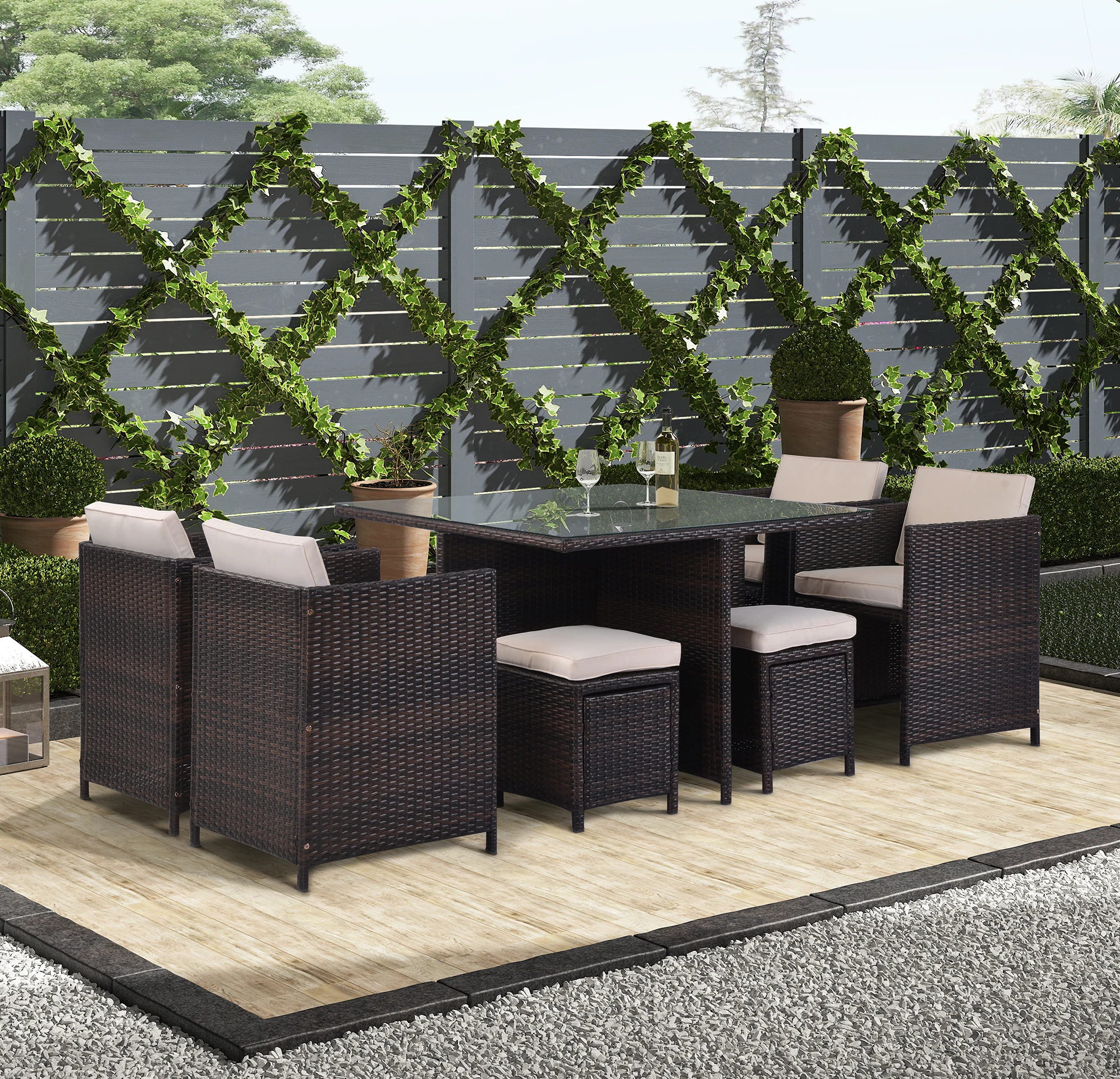 9 Piece Outdoor Furniture Rattan Conversation Set with Cushions Patio Rattan Dining Set 1 Table+4 Chairs+4 Ottomans[US-Stock]