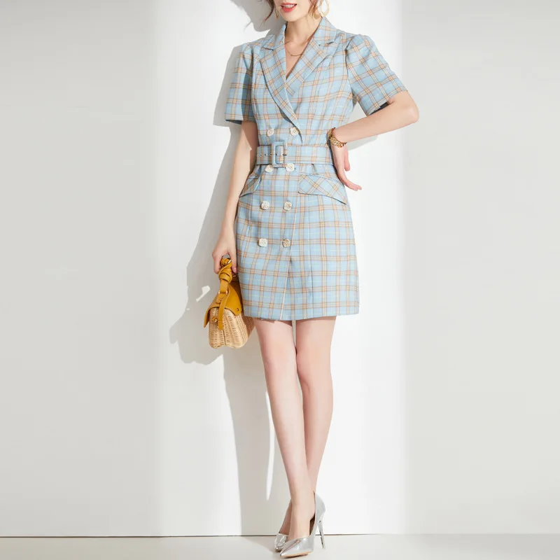 

Brand dress women fall 2020 new women's temperament commuter lapel plaid A word cultivate morality YN3053