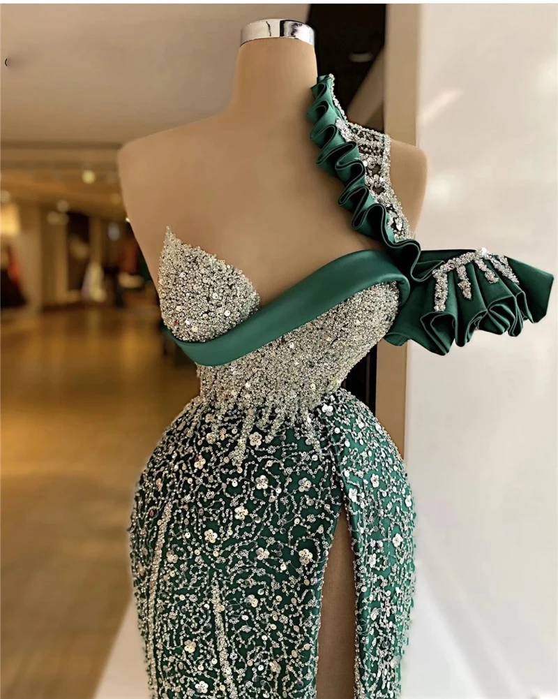 Hunter Green Mermaid Evening Dress One Shoulder Sequins Ruffles Party Dresses Custom Made Glitter Split Floor Length Prom Gowns