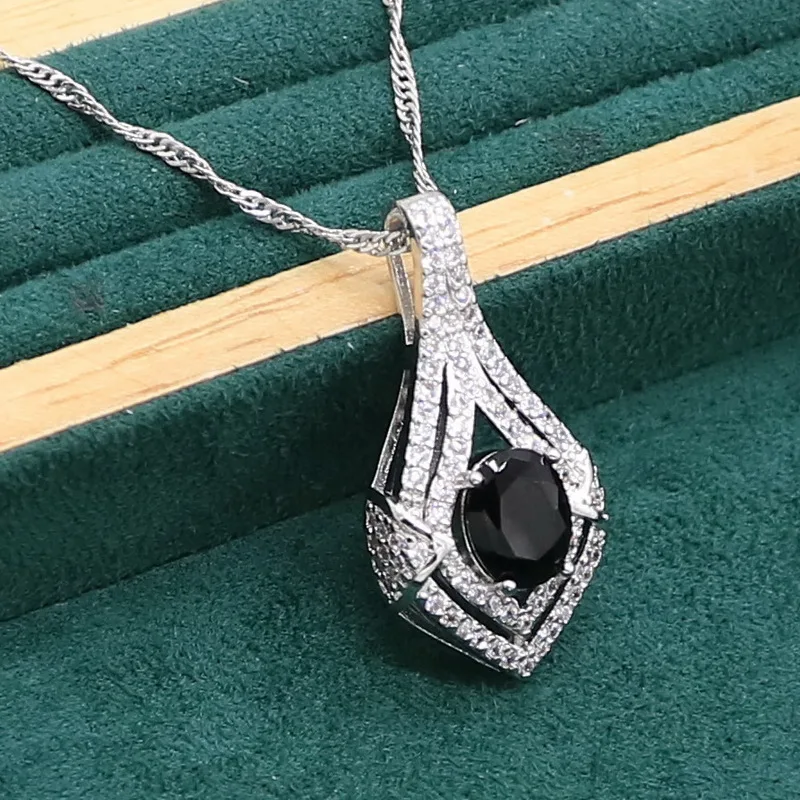 Black Sapphire 925 Silver Jewelry set for Women Wedding Bracelet Earrings Necklace pendant Ring Birthday Gift