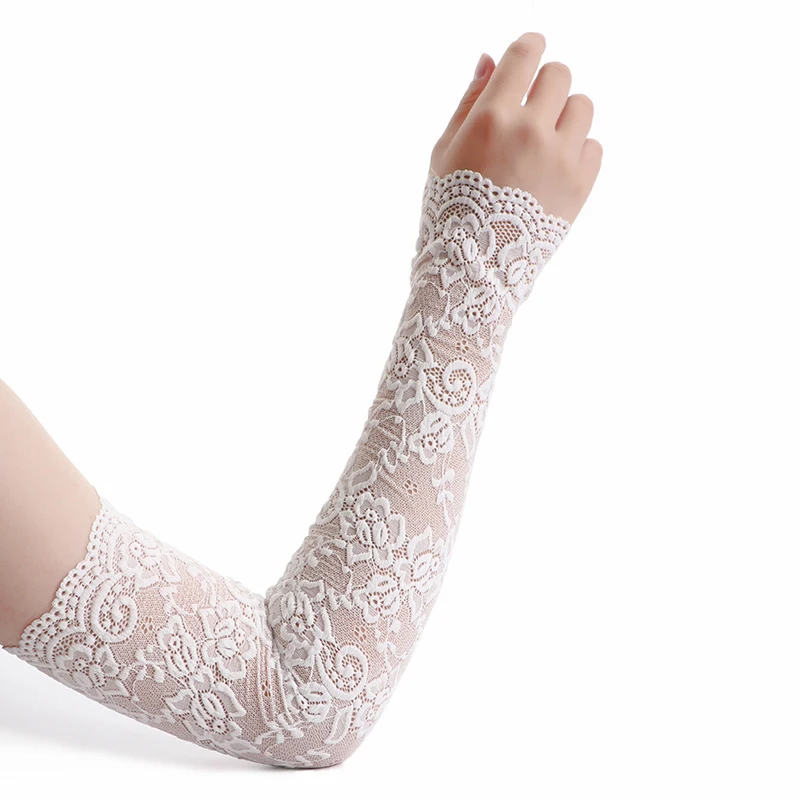 Summer Ice Silk Lace Arm Sleeve Elastic Sleeve Driving Gloves Black White Long Fingerless Mittens Sunscreen Gloves Women