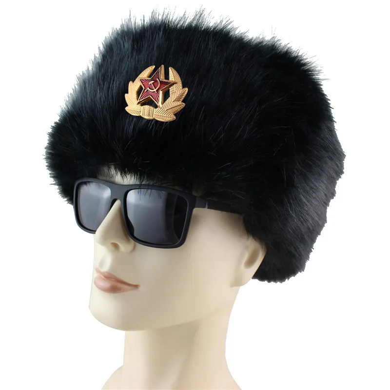 Soviet Army Military Badge Russia Ushanka PU Bomber Hats Pilot Trapper trooper Hat Winter Faux Fur Earflap Men Leather Snow Caps