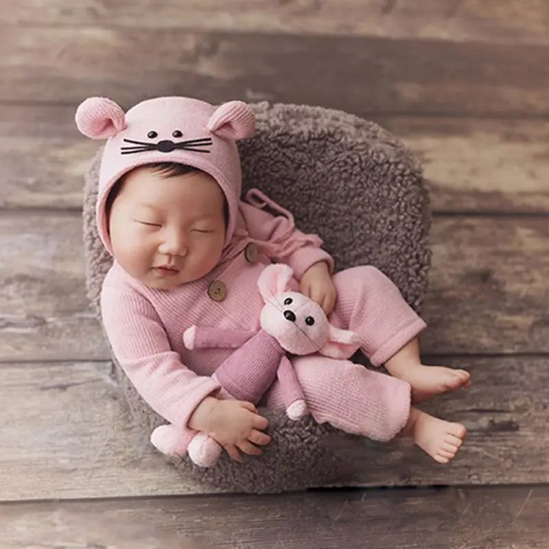 3 Pcs/set Newborn Photography Props Suit Knitted Cotton Jumpsuit Hat Mouse Doll Infant Photo Shooting Clothes Outfits