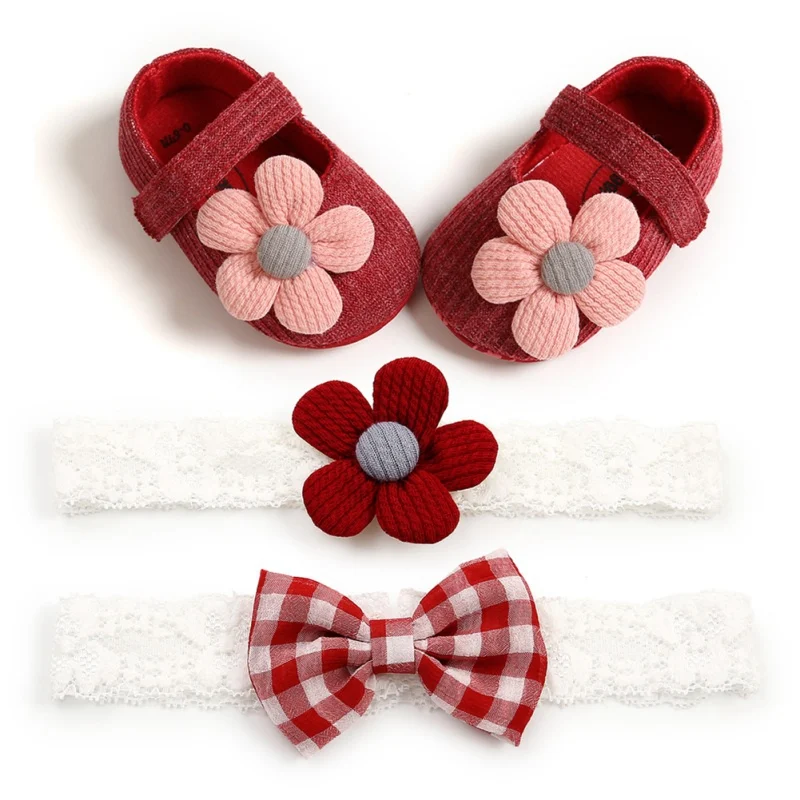 3PCS Cute Baby Girl Anti-Slip First Walkers Shoes Flower Sneaker Cotton Soft Soled Shoes 2 Headband Suit Infant Toddler Footwear