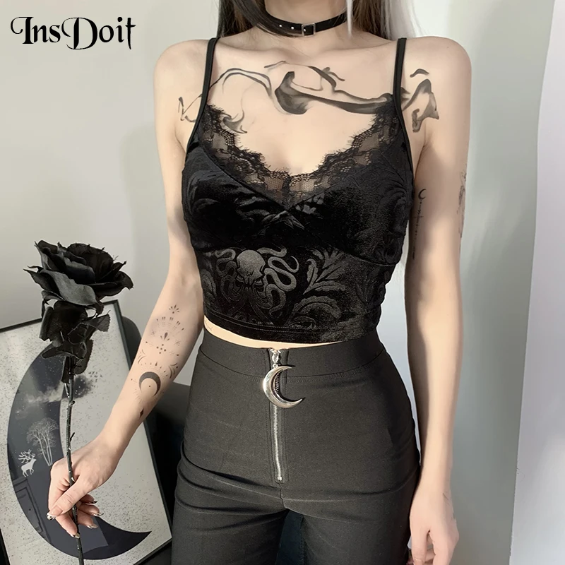 InsDoit Goth Vintage Lace Streetwear Black Camis Sexy Summer Corset Camisole Women Sleeveless Backless Slim Aesthetic Crop Top