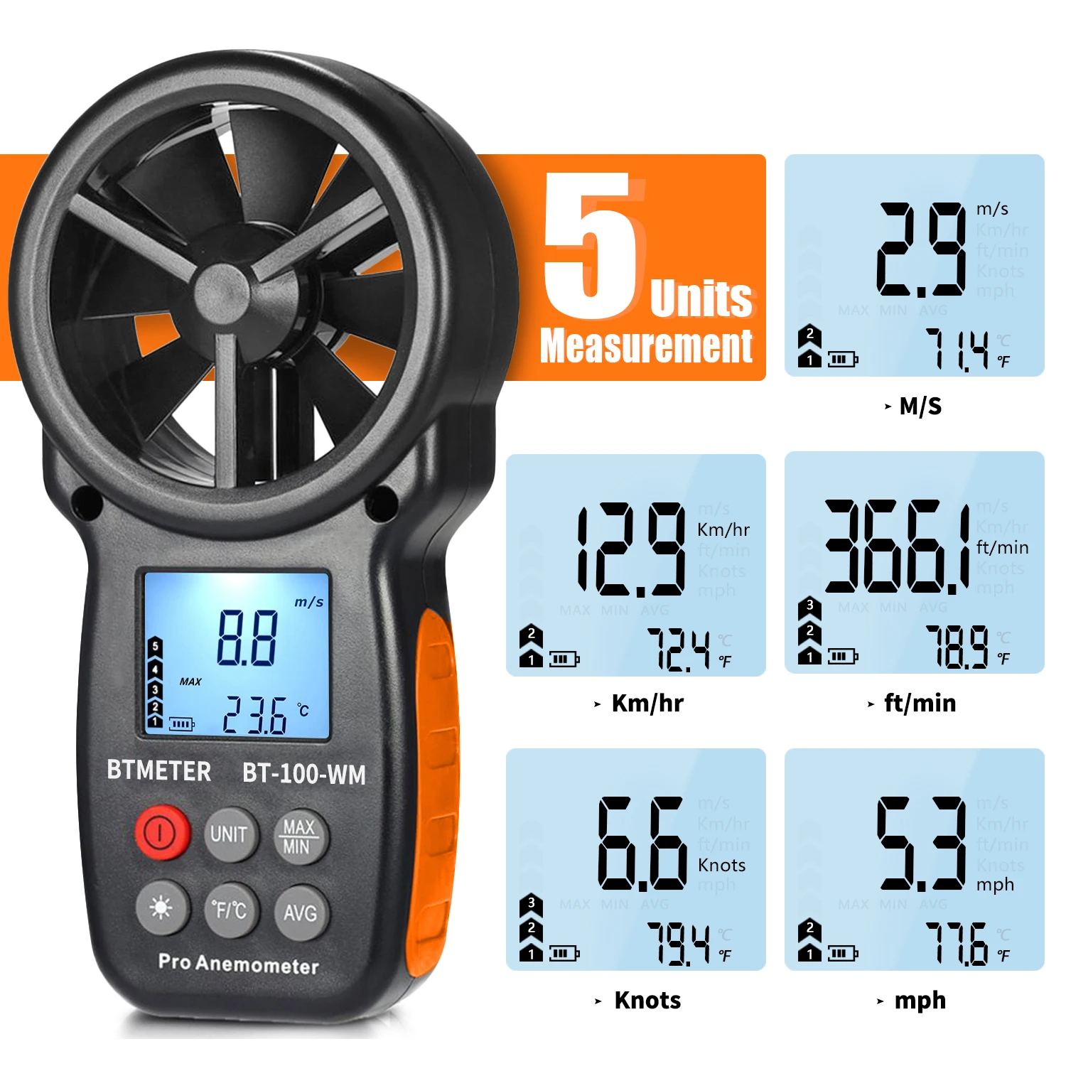 Imagem -03 - Btmeter-anemômetro Digital Portátil e Barômetro Bt100-wm Medir a Velocidade do Vento Temperatura Vento Frio e Umidade