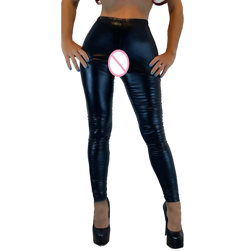 Black Sexy Wet Look Leggings XXL Bandage Novelty Exotic Apparel Women Faux Leather Legging Open Crotch Fetish Pants Plus Size