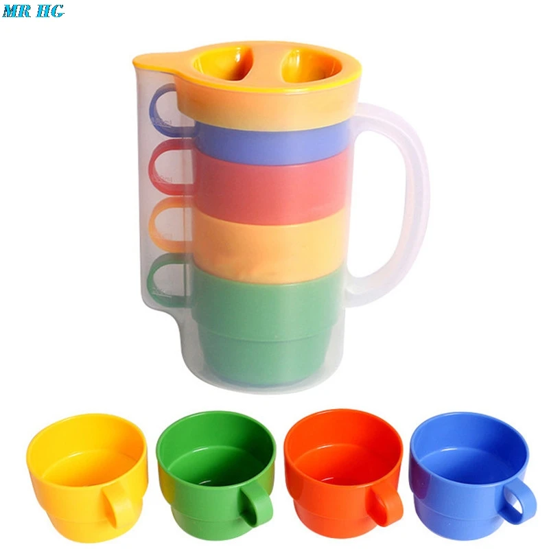 5PCS/lot PP 4 Cups And 1 Kettle Portable Rainbow Suit Cup Picnic Tourism Plastic Cup Coffee Household Cups Color Random