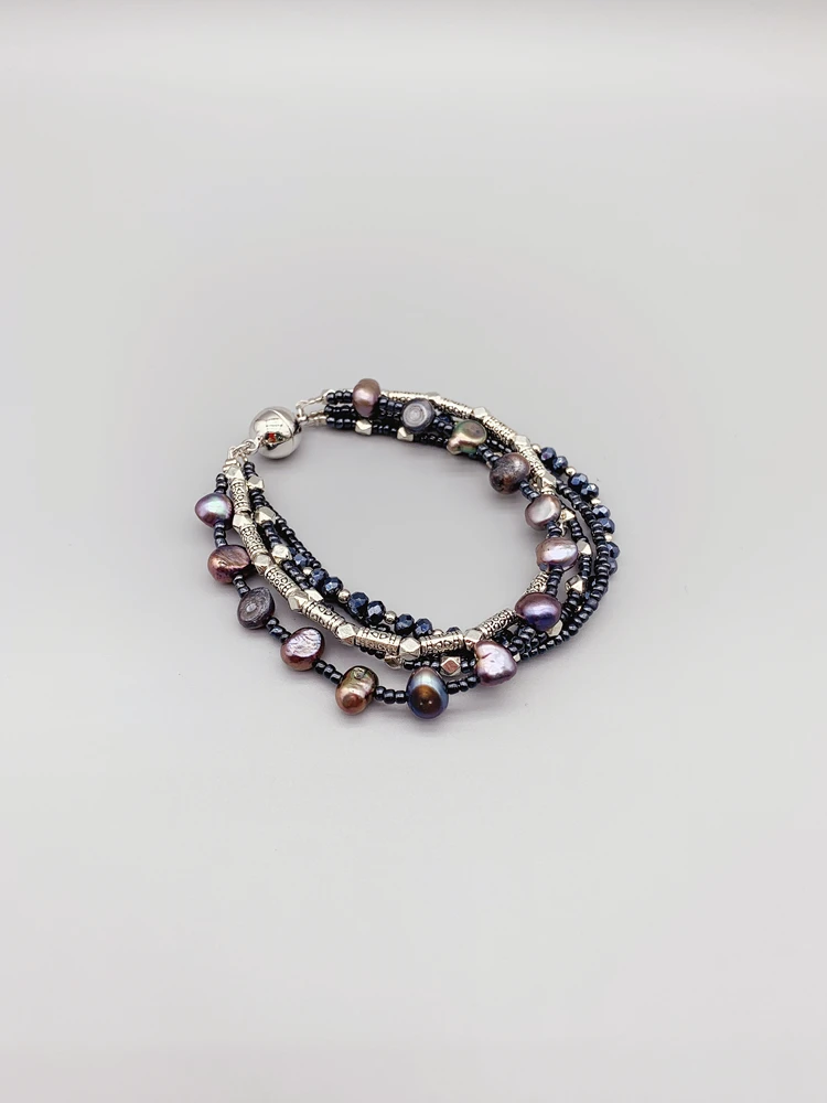 5 Strands of 7-8mm Black Freshwater Pearl Bracelet With 3*4mm Navy Blue Crystals Antique Silver Beads For Women Girls 7.5 Inch