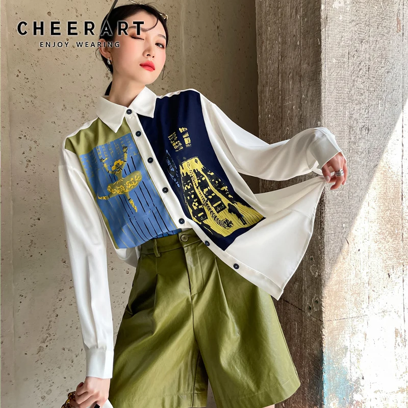 CHEERART 2021 Fashion Shirts For Women Long Sleeve Color Block Button Up Collared Print Shirt White Top And Blouse Korean Style