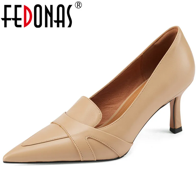 FEDONAS Elegant Thin Heels Shoes Woman Shallow Genuine Leather Pointed Toe Women\'s Shoes Autumn New Wedding Prom Female Pumps