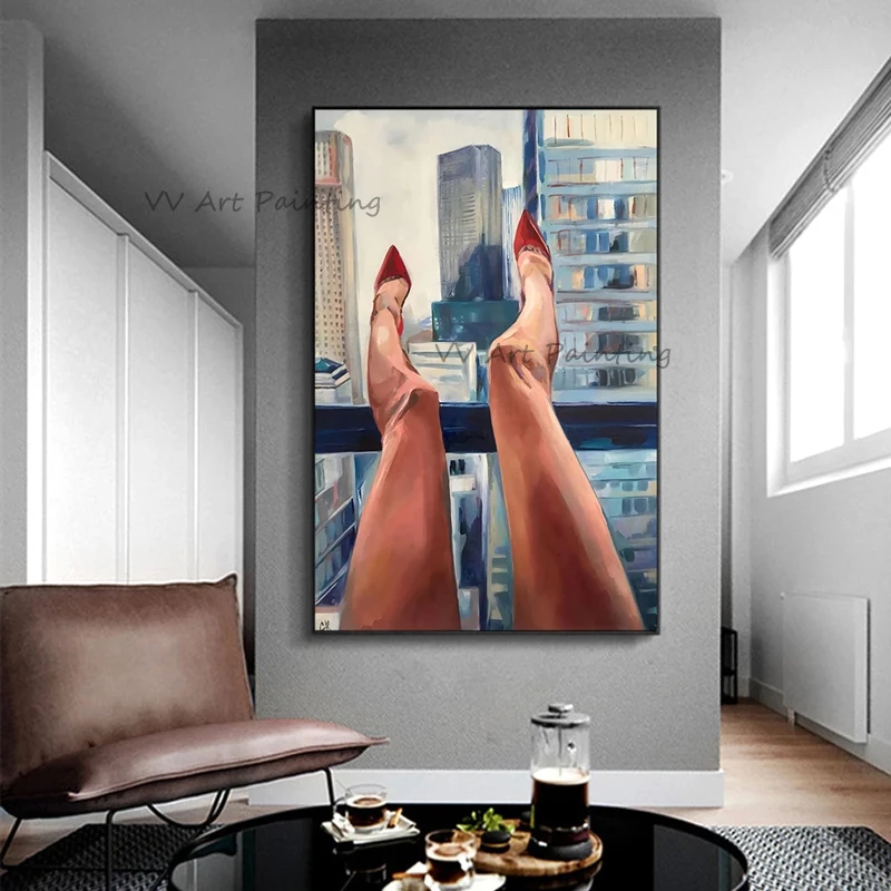 Vertical Palette Knife City Lady Oil Painting 100% Handmade Canvas Red High Heels Urban Entrance Wall Decor