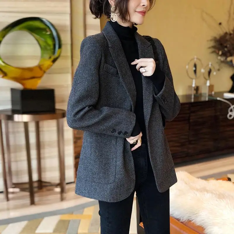 Dark Gray Woolen Blzer Women Mid-Length Coat Spring/Autumn Herringbone Suit Woolen Coat Office Lady Women Clothing Suit Blzer