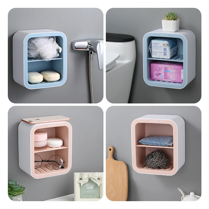 ECOCO Double Drawer Design Wall Mounted Soap Dish Box Bathroom Shower Soap Holder Tray Storage Rack Shelf Bathroom Accessories