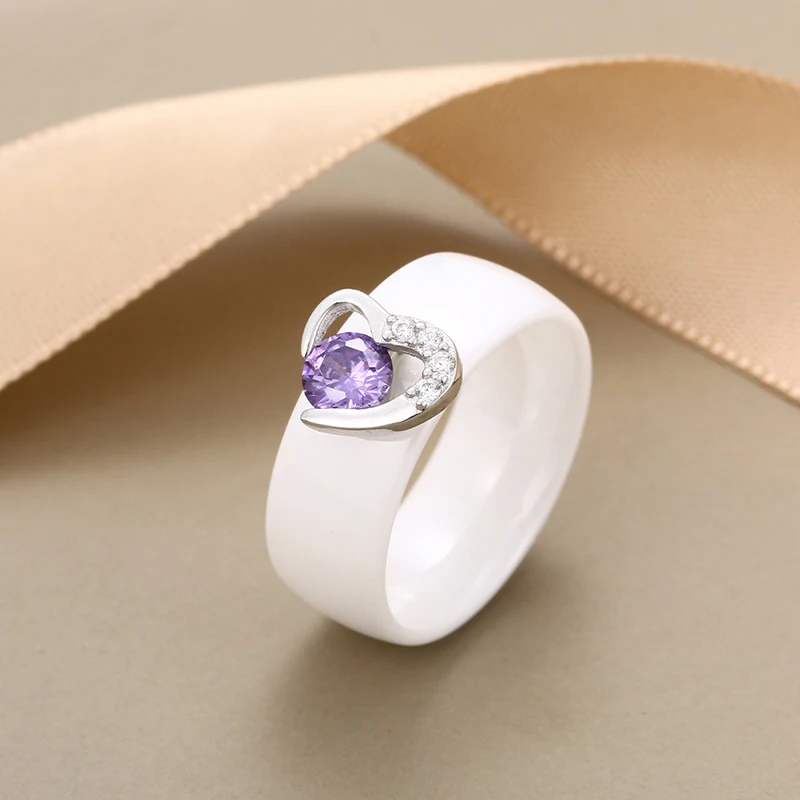925 Sterling Silver Heart Ceramic Ring Black White Ceramic Rings For Women With Purple Crystal Wedding Engagement Jewelry Gifts