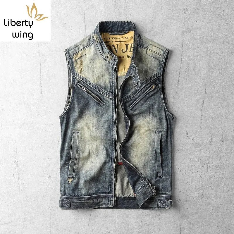 

Spring Summer Sleeveless Denim Coat Men Vintage Work Zipper Jacket Street Style Stand Collar Slim Cowboy Biker Vest 3XL