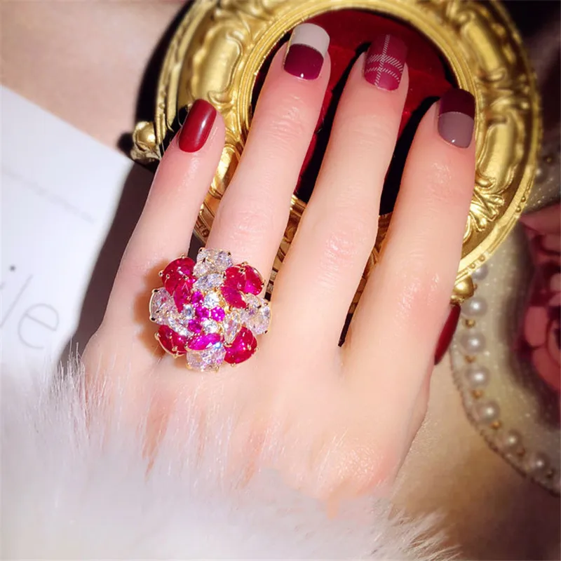 Women Rings S925 Original Multi-layer Red Flower Rotatable Open Ring Hyperbole Cubic Zirconia Index Finger Fine Jewelry