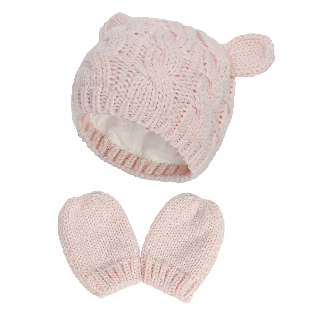 1set Baby hat Kids Girls Boys Winter Warm Knit Hat Ear Solid Warm Cute Glove 2pcs Lovely Cap 0-18M