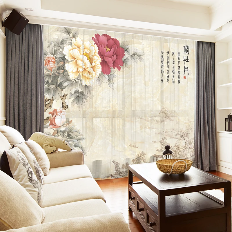 Custom Chiffon Sheer Curtain Window Drape for Bedroom Living Room Floral Blossom Peony Khaki Gray Brown Pink Blue