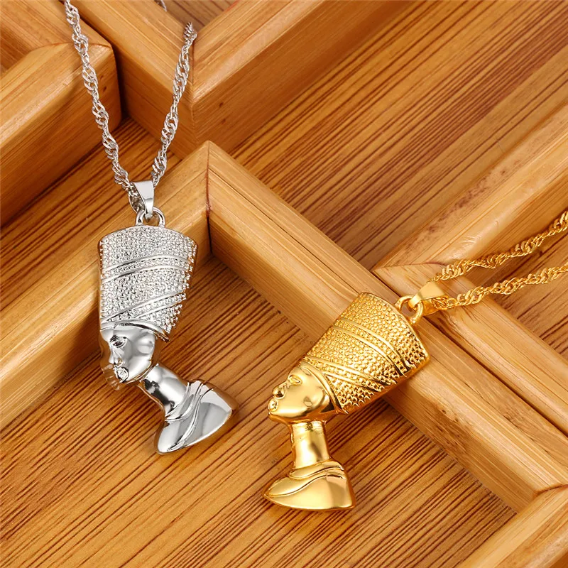 Egyptian Queen Nefertiti Pendant Necklaces for Women Men Jewelry Gold Silver Color Hip Hop Jewellery African Kolye